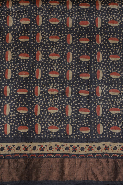 Navy Blue Tussar Silk Handblock Print Saree With Golden Zari Border Natural Dye, fabric detail