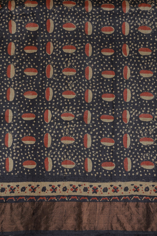 Navy Blue Tussar Silk Handblock Print Saree With Golden Zari Border Natural Dye, fabric detail