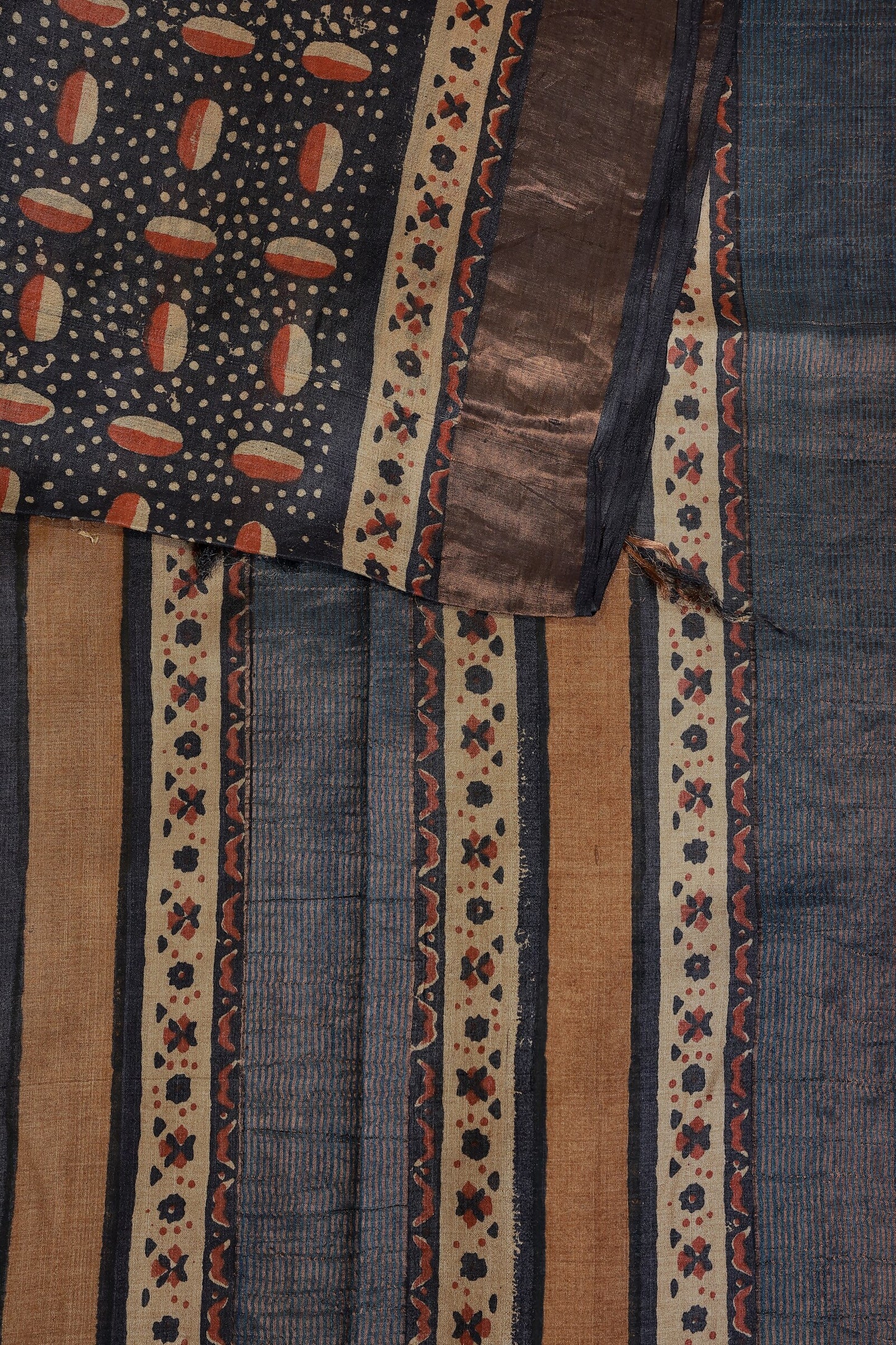 Navy Blue Tussar Silk Handblock Print Saree With Golden Zari Border Natural Dye, design view 3