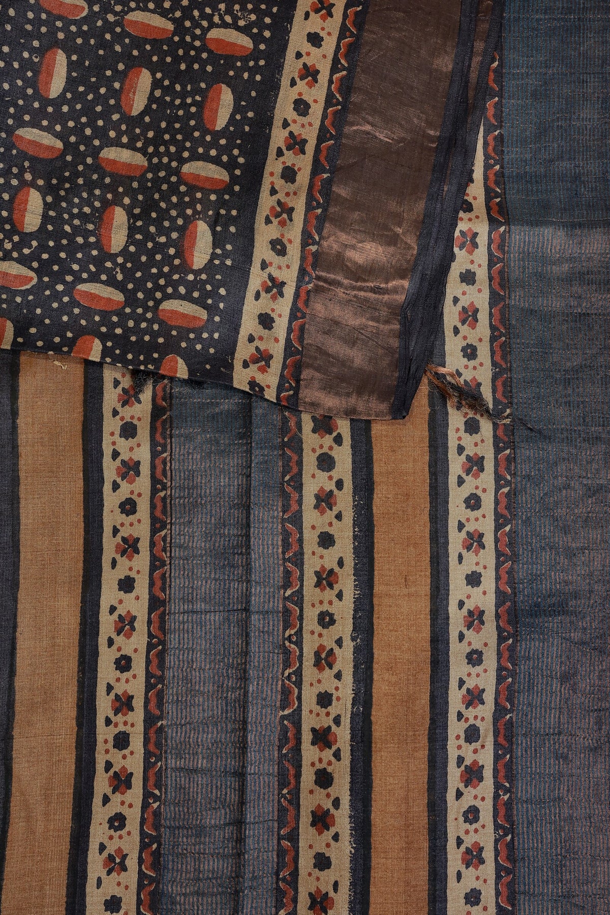 Navy Blue Tussar Silk Handblock Print Saree With Golden Zari Border Natural Dye, design view 3