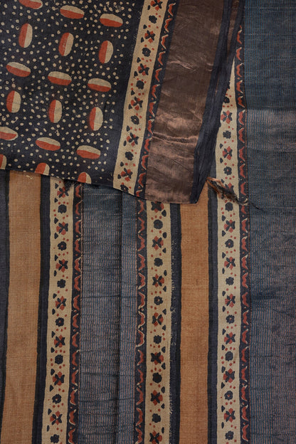 Navy Blue Tussar Silk Handblock Print Saree With Golden Zari Border Natural Dye, design view 3