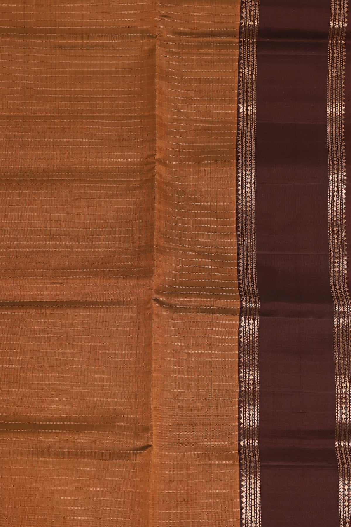 Ochre And Coffee Brown Pure Silk Saree With Zari Lines, design view 4