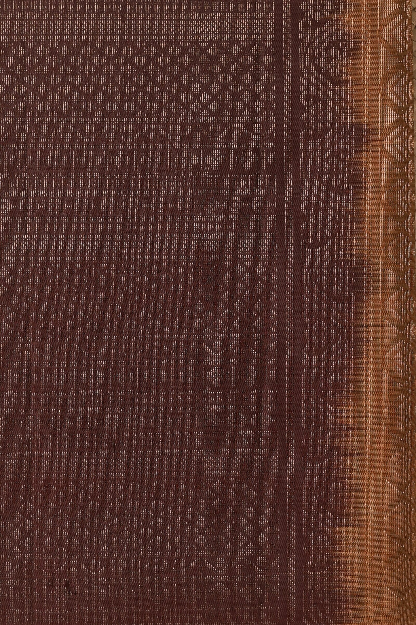 Ochre And Coffee Brown Pure Silk Saree With Zari Lines, fabric detail