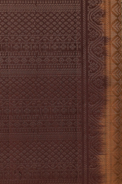 Ochre And Coffee Brown Pure Silk Saree With Zari Lines, fabric detail