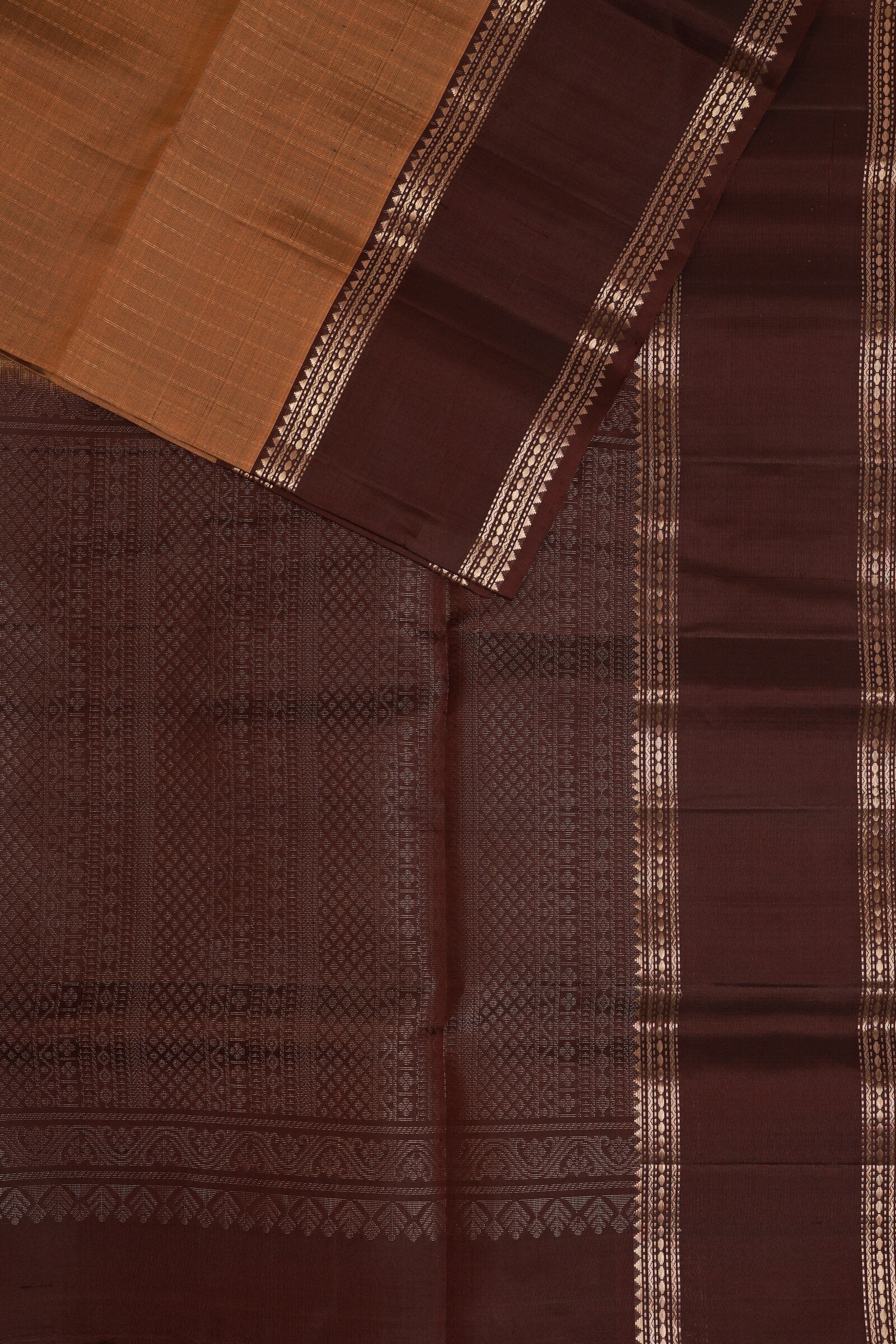 Ochre And Coffee Brown Pure Silk Saree With Zari Lines, folded saree view