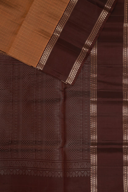 Ochre And Coffee Brown Pure Silk Saree With Zari Lines, folded saree view