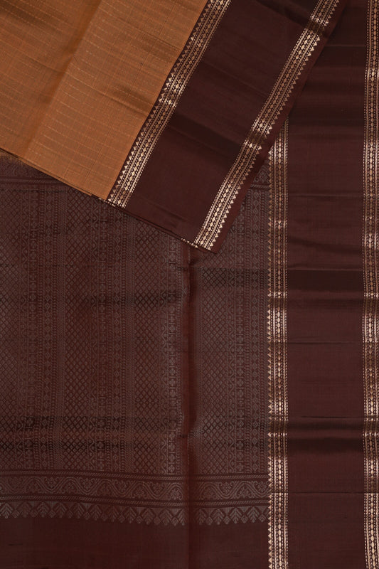 Ochre And Coffee Brown Pure Silk Saree With Zari Lines, folded saree view