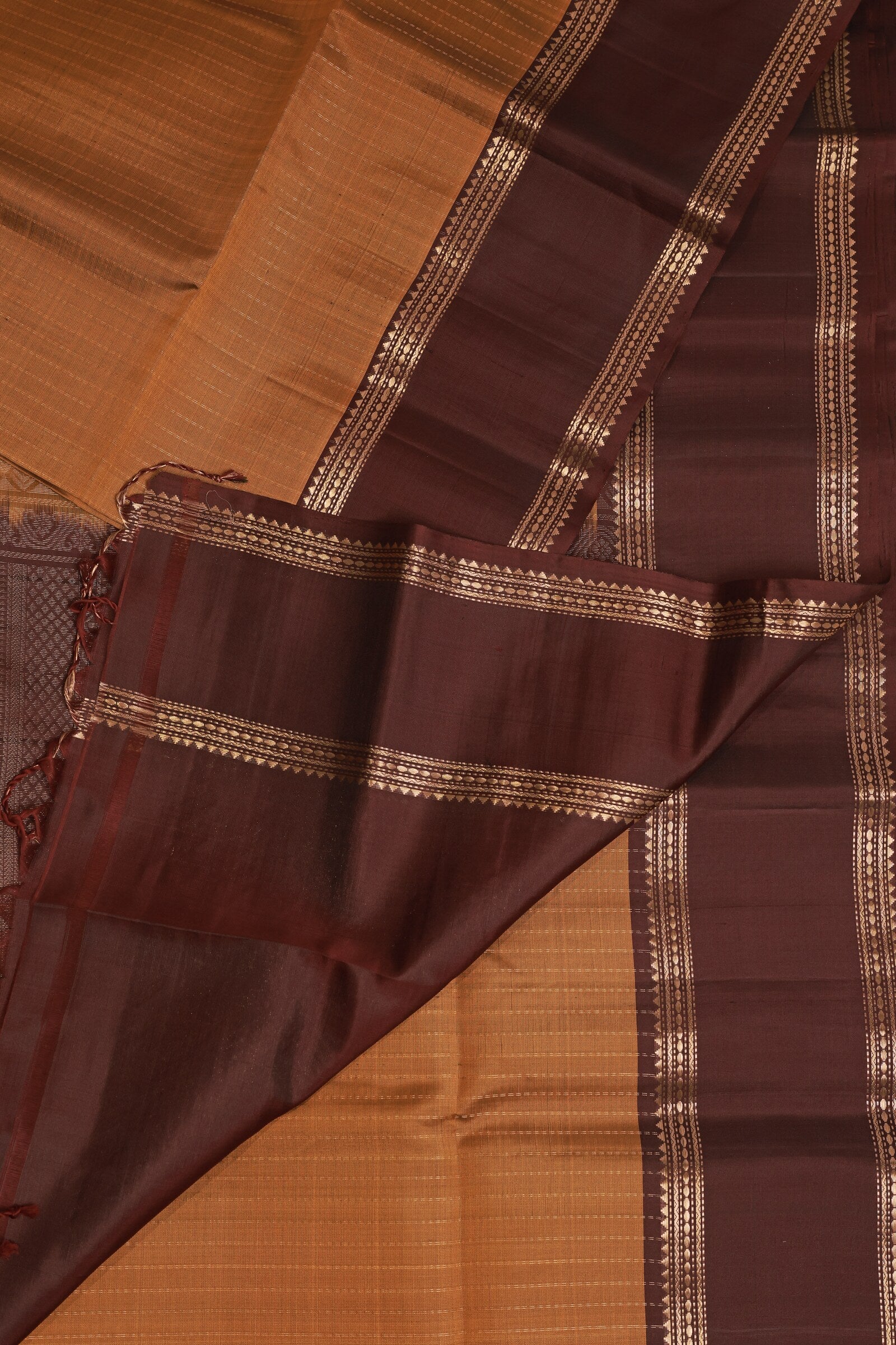 Ochre And Coffee Brown Pure Silk Saree With Zari Lines, design view 3