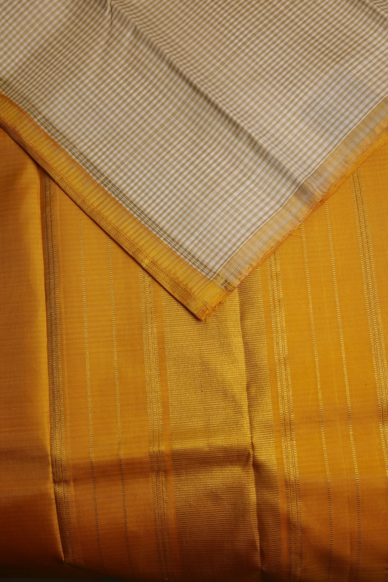 Off White and Beige Small Kattam Kanjeevaram Saree with Yellow Small Border and Pallu