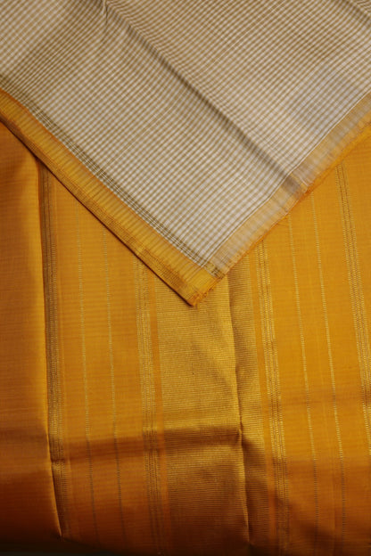 Off White and Beige Small Kattam Kanjeevaram Saree with Yellow Small Border and Pallu