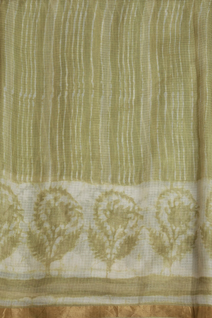 Off White And Olive Green Silk Kota Saree With Golden Zari Border, fabric detail