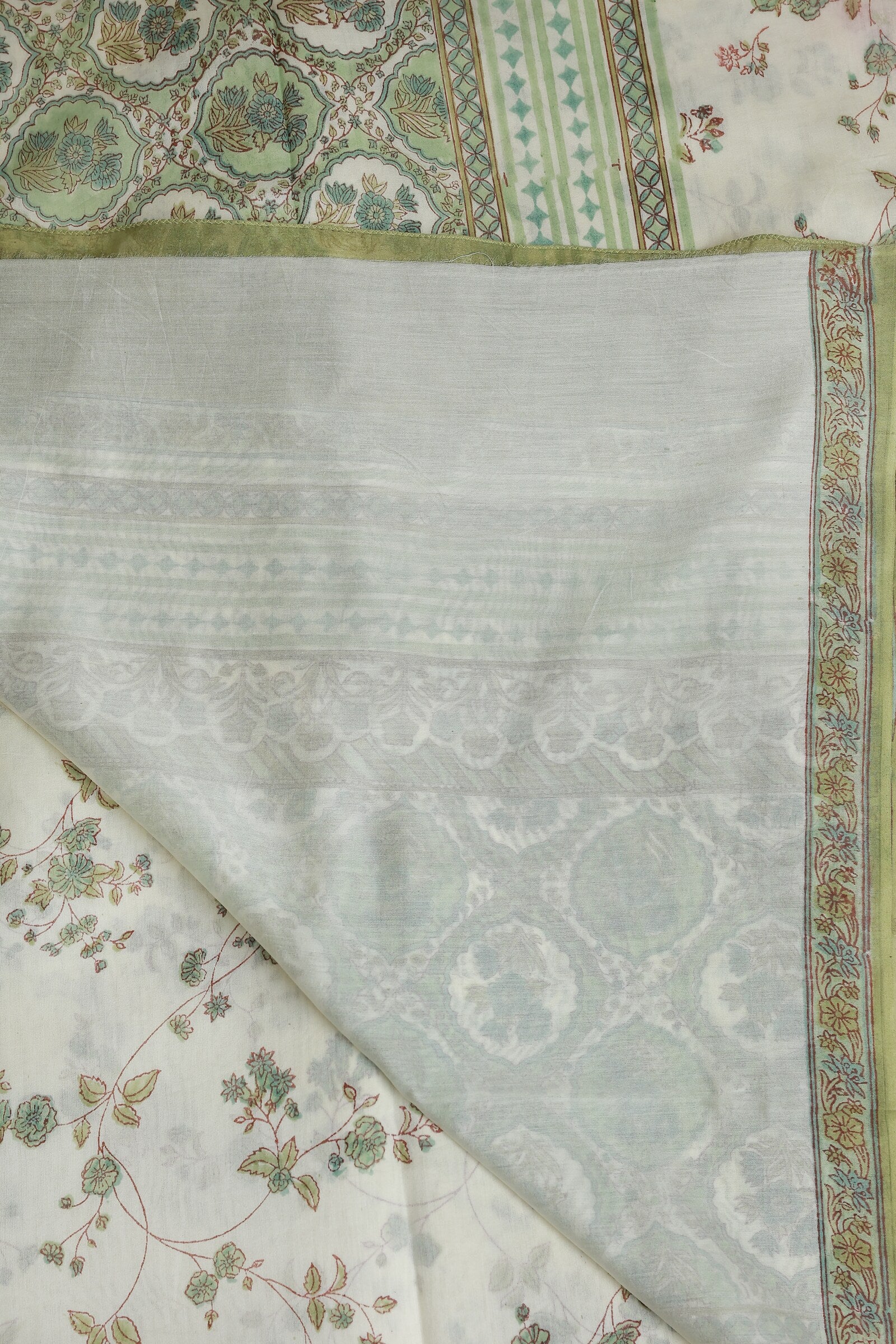 Off White Chanderi Silk Saree With Floral Olive Green Handblock Print On Body And Border, folded saree view