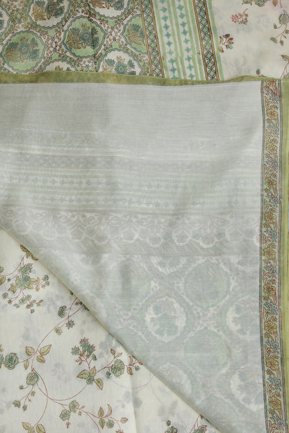 Off White Chanderi Silk Saree With Floral Olive Green Handblock Print On Body And Border, folded saree view
