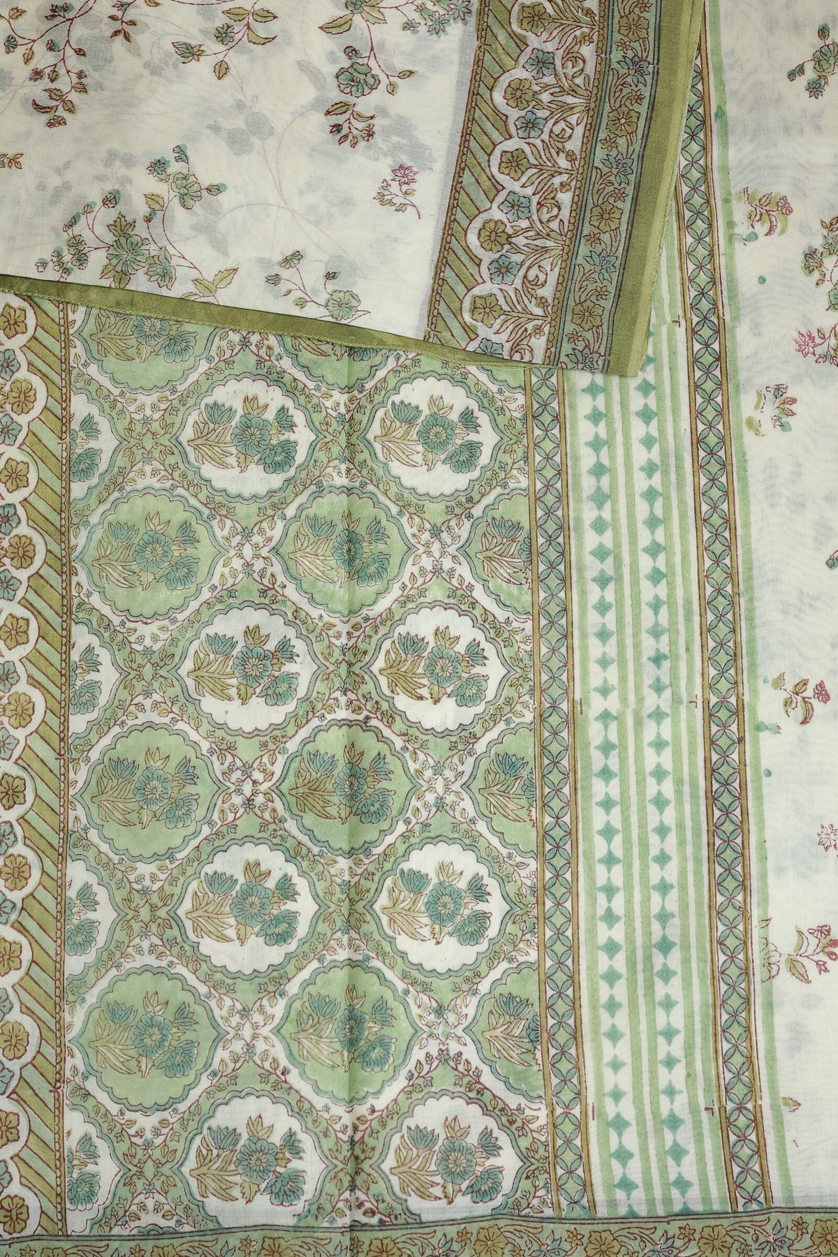 Off White Chanderi Silk Saree With Floral Olive Green Handblock Print On Body And Border, design view 3