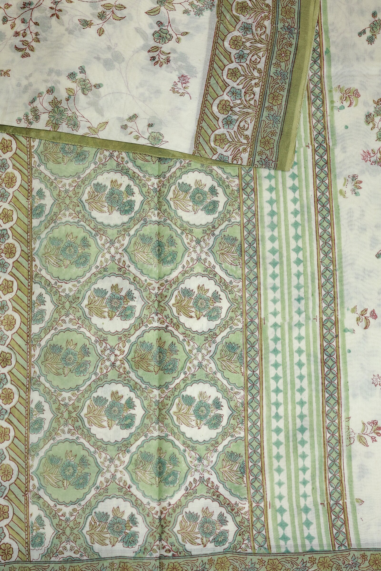 Off White Chanderi Silk Saree With Floral Olive Green Handblock Print On Body And Border, design view 3