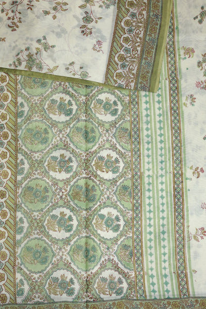 Off White Chanderi Silk Saree With Floral Olive Green Handblock Print On Body And Border, design view 3