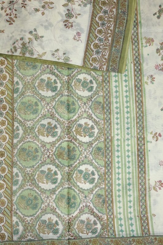 Off White Chanderi Silk Saree With Floral Olive Green Handblock Print On Body And Border, design view 3