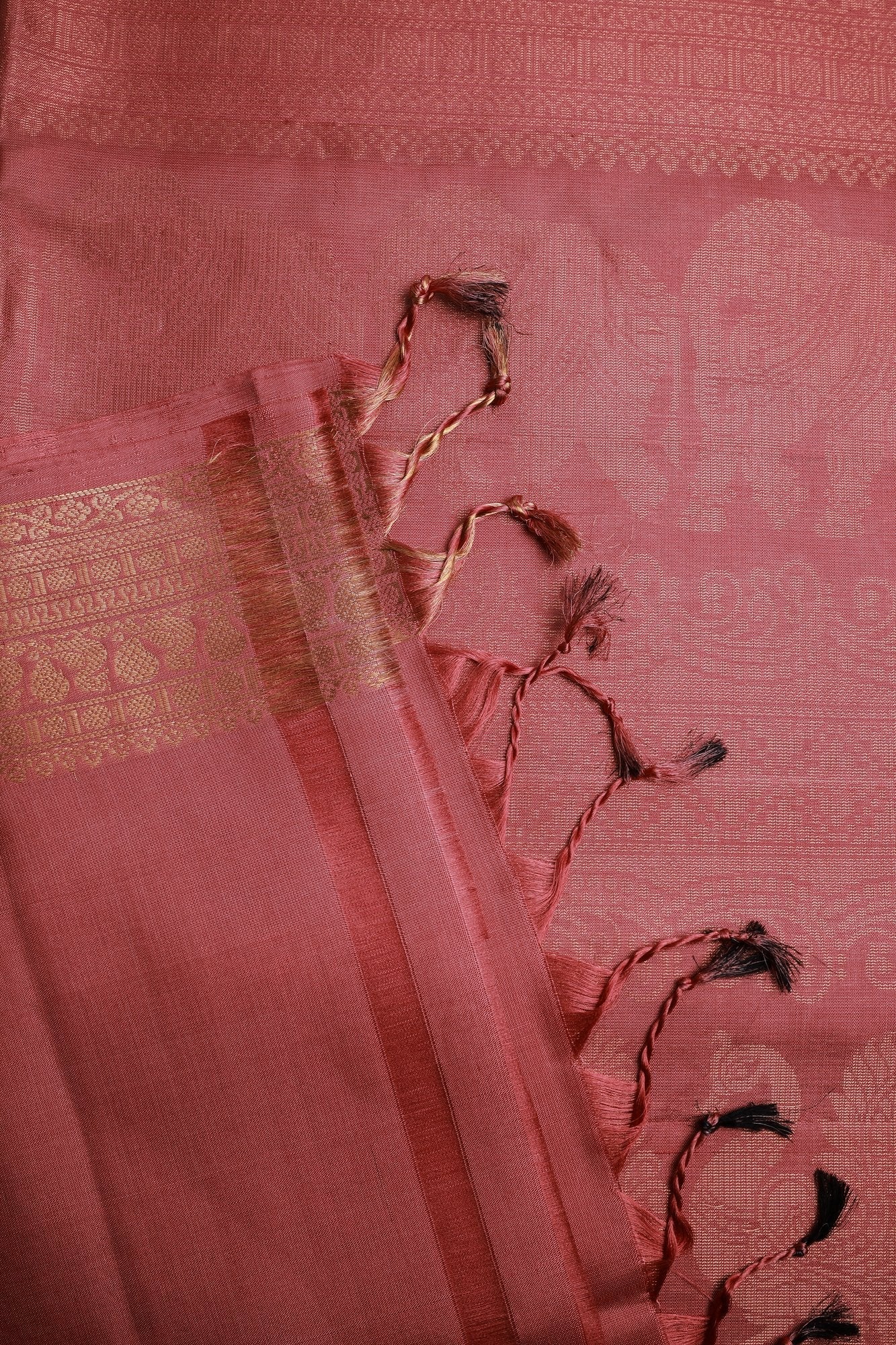 Onion Pink Pure Silk Saree with Golden Peacock Buttas on Border
