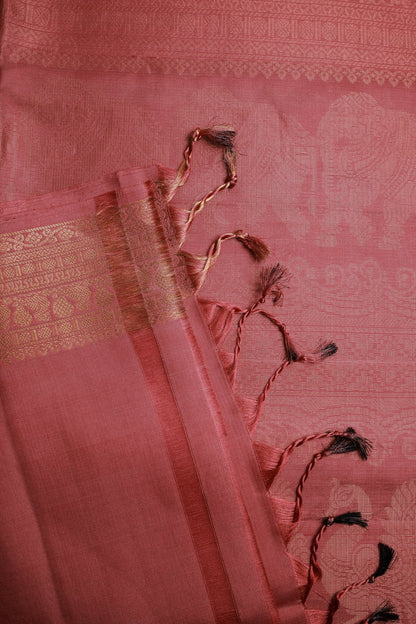 Onion Pink Pure Silk Saree with Golden Peacock Buttas on Border