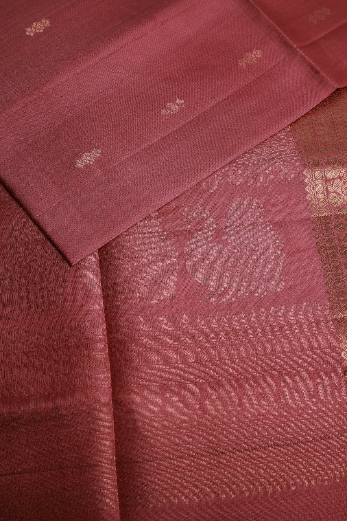 Onion Pink Pure Silk Saree with Golden Peacock Buttas on Border