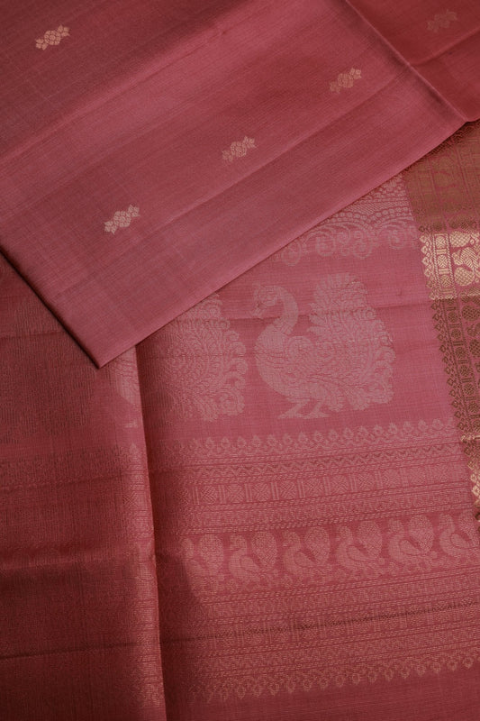 Onion Pink Pure Silk Saree with Golden Peacock Buttas on Border