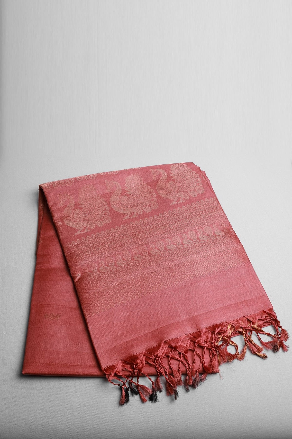 Onion Pink Pure Silk Saree with Golden Peacock Buttas on Border
