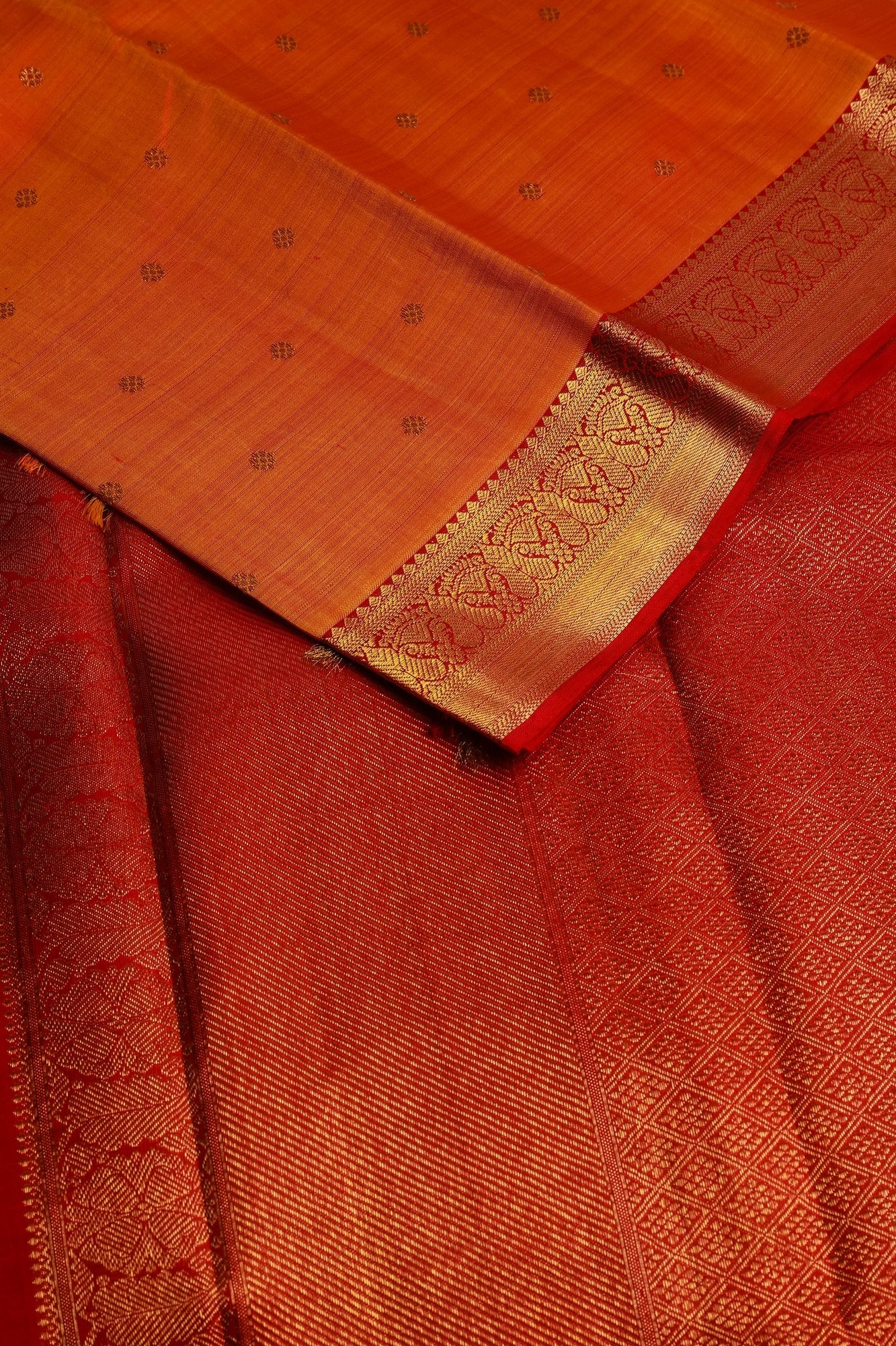 Orange and Magentha Red Border Kanjeevaram Saree
