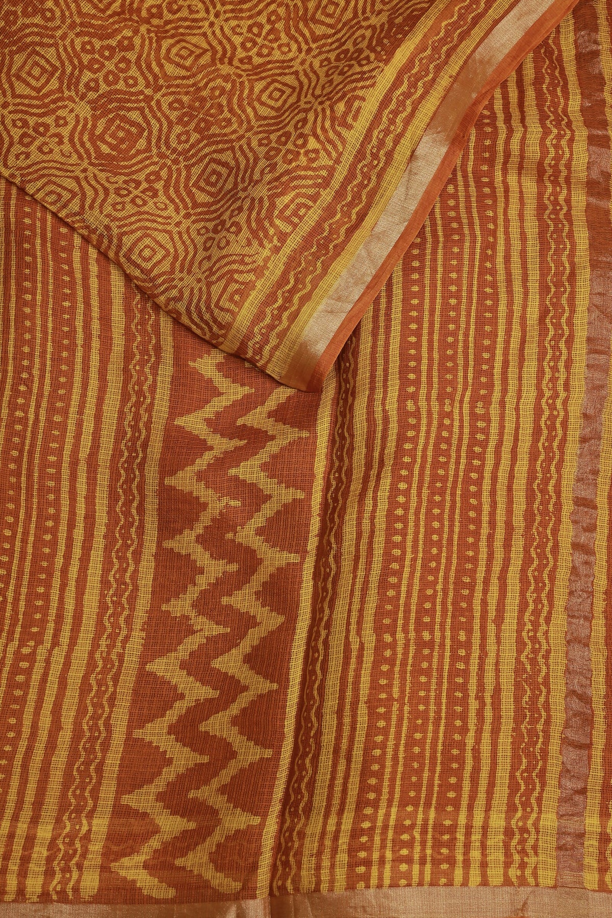 Orange And Yellow Silk Kota Handblock Saree With Golden Zari, folded saree view