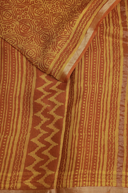 Orange And Yellow Silk Kota Handblock Saree With Golden Zari, folded saree view