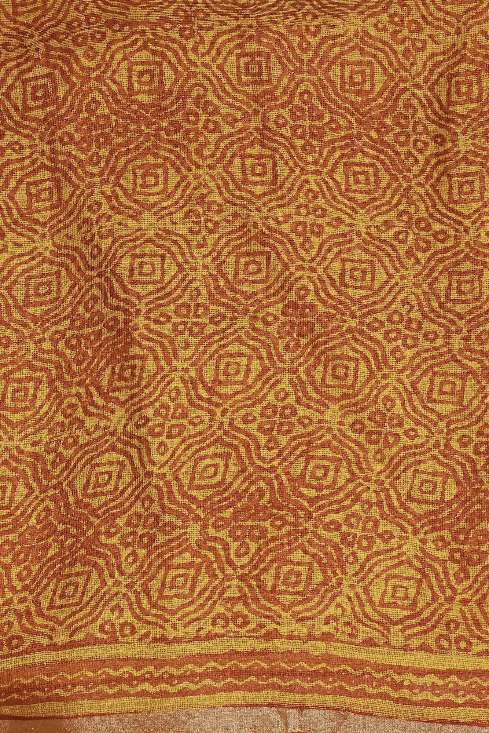 Orange And Yellow Silk Kota Handblock Saree With Golden Zari, fabric detail