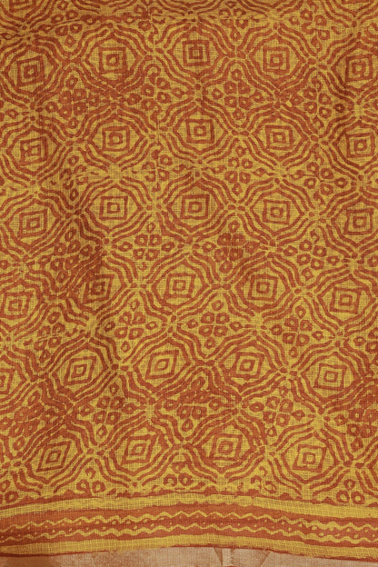 Orange And Yellow Silk Kota Handblock Saree With Golden Zari, fabric detail