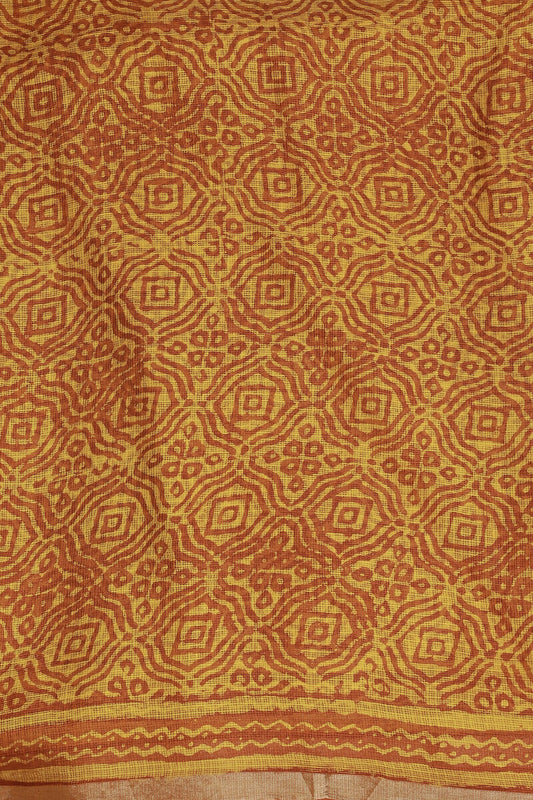 Orange And Yellow Silk Kota Handblock Saree With Golden Zari, fabric detail