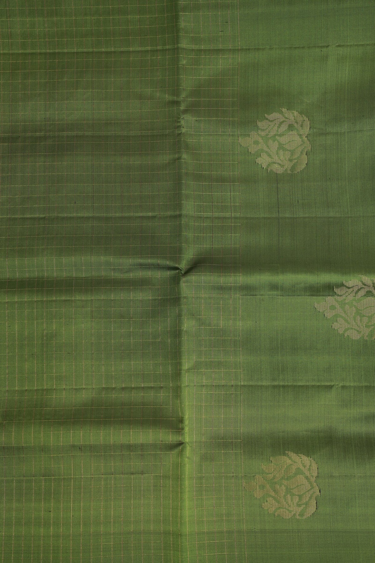 Parrot Green Pure Silk Saree With Zari Check Kattam, folded saree view