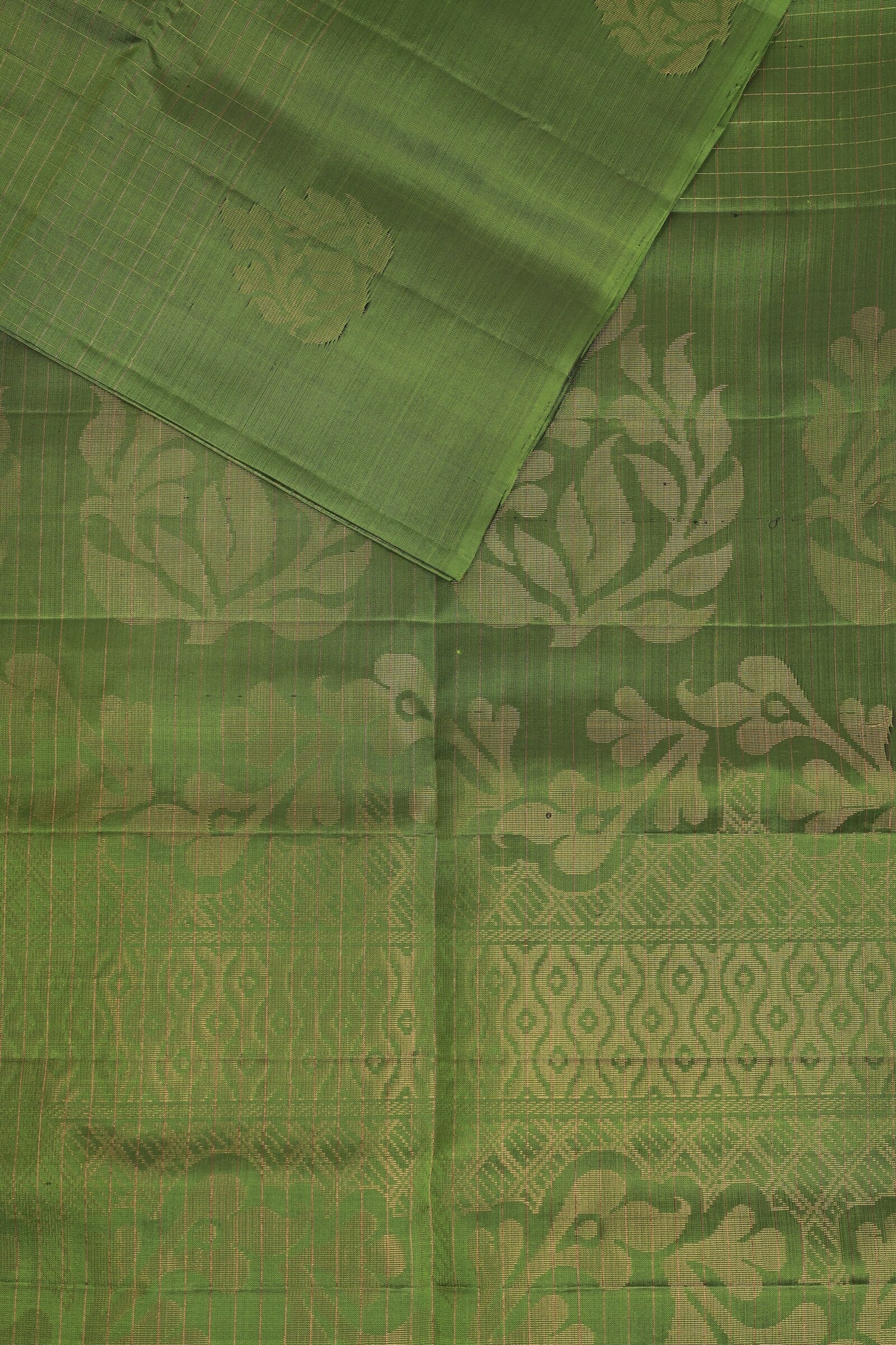 Parrot Green Pure Silk Saree With Zari Check Kattam, design view 3
