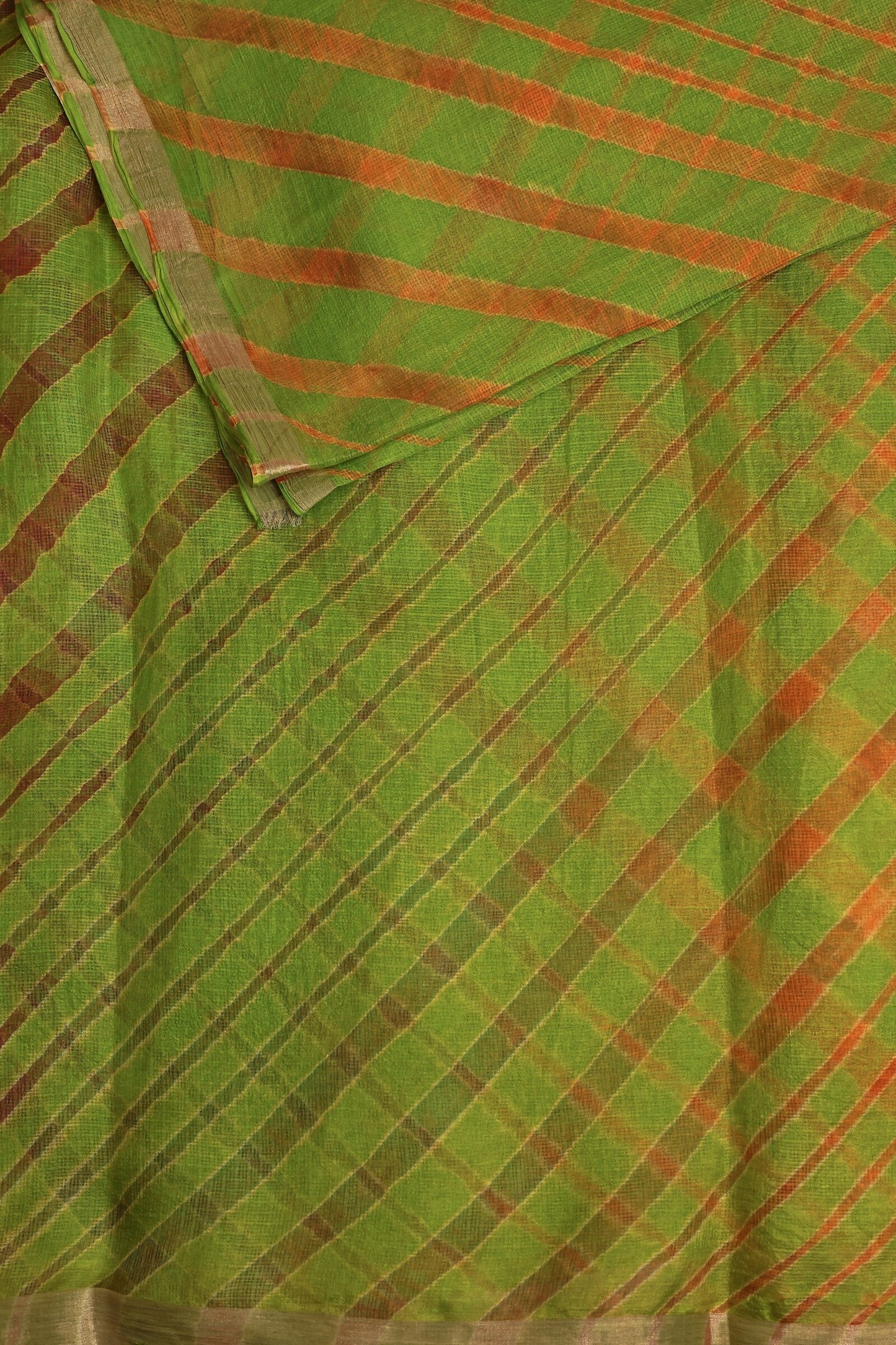 Parrot Green Silk Kota Lahariya Saree, folded saree view