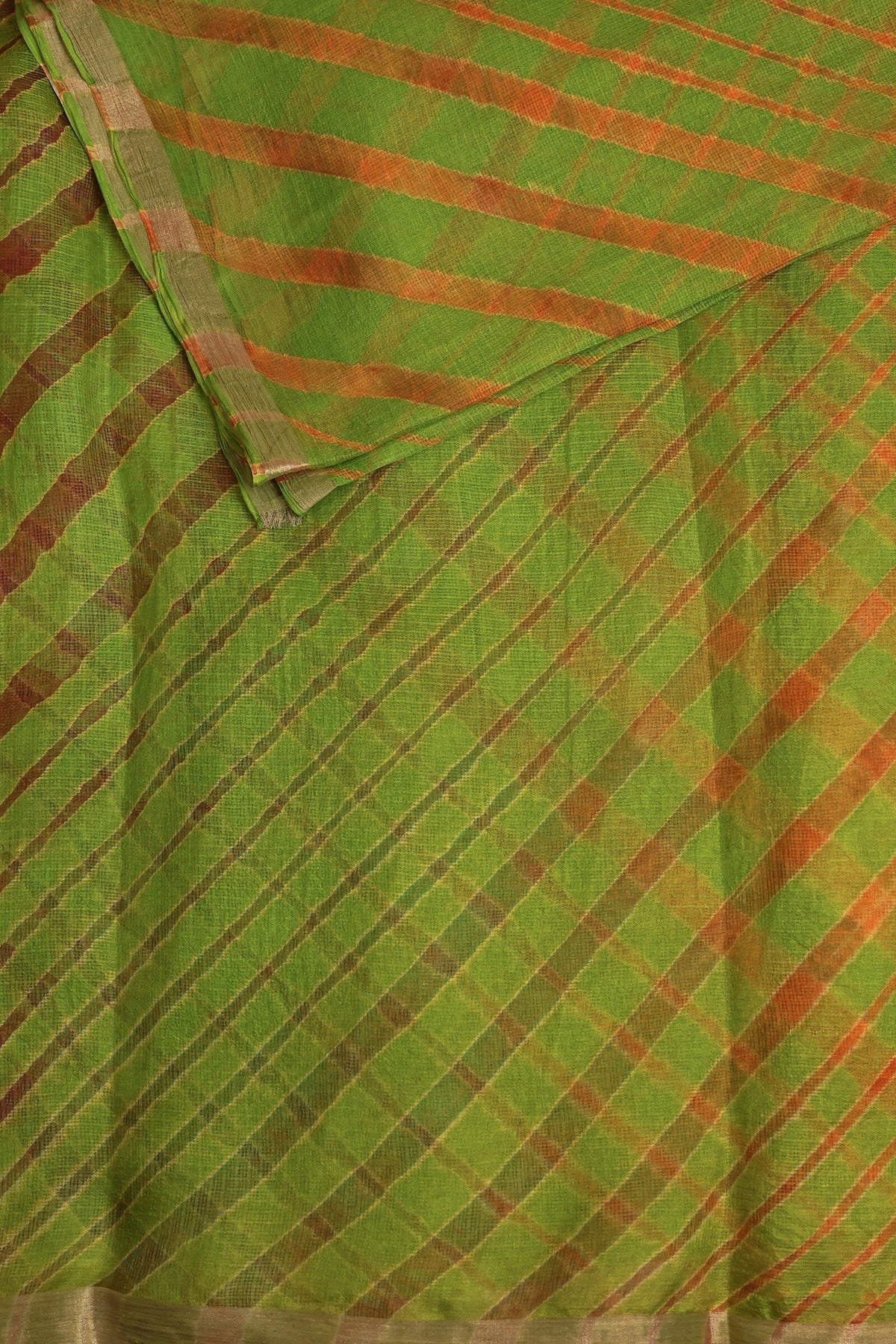 Parrot Green Silk Kota Lahariya Saree, folded saree view