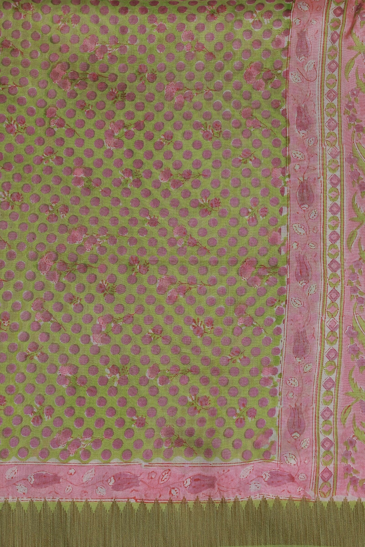 Pastel Green Chanderi Silk Saree With Lavender Polka Dots, fabric detail