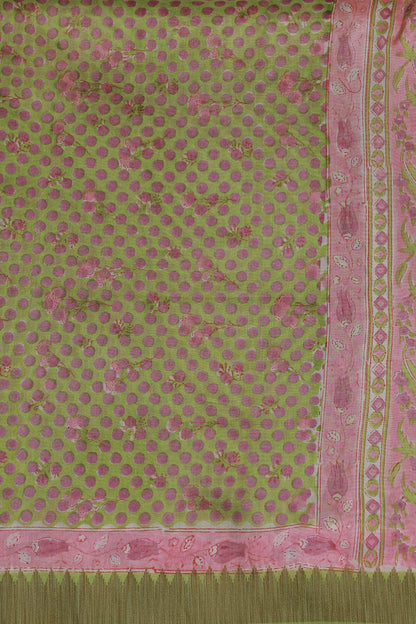 Pastel Green Chanderi Silk Saree With Lavender Polka Dots, fabric detail