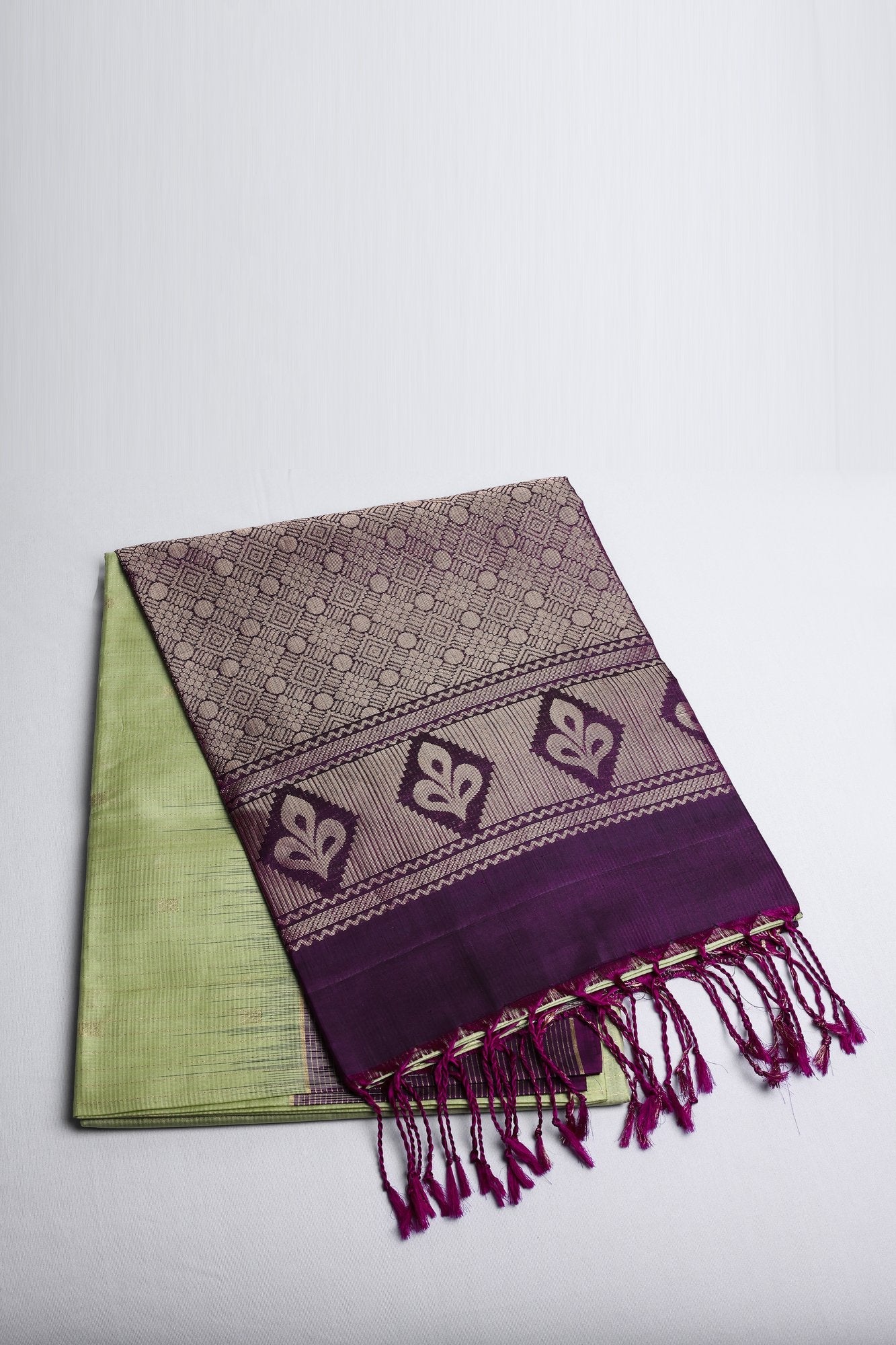 Pastel Green Pure Silk Saree with Purple Border with Zari Lines