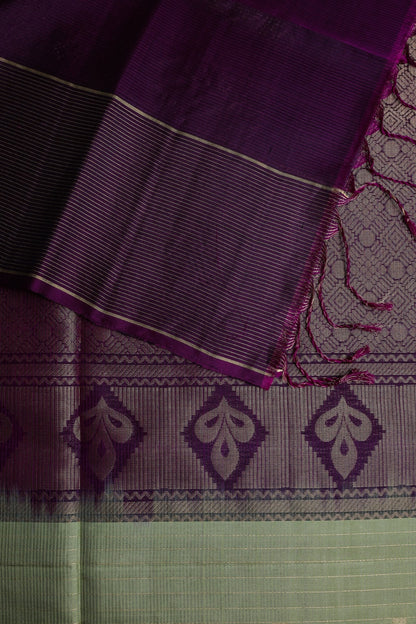 Pastel Green Pure Silk Saree with Purple Border with Zari Lines