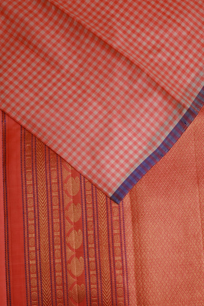 Peach Pink and Off White Mungi Checks Mulkalmuru Saree