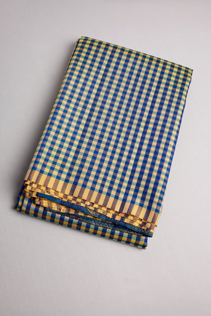 Peacock Blue and Light Golden Yellow Mungi Checks Mulkalmuru Saree