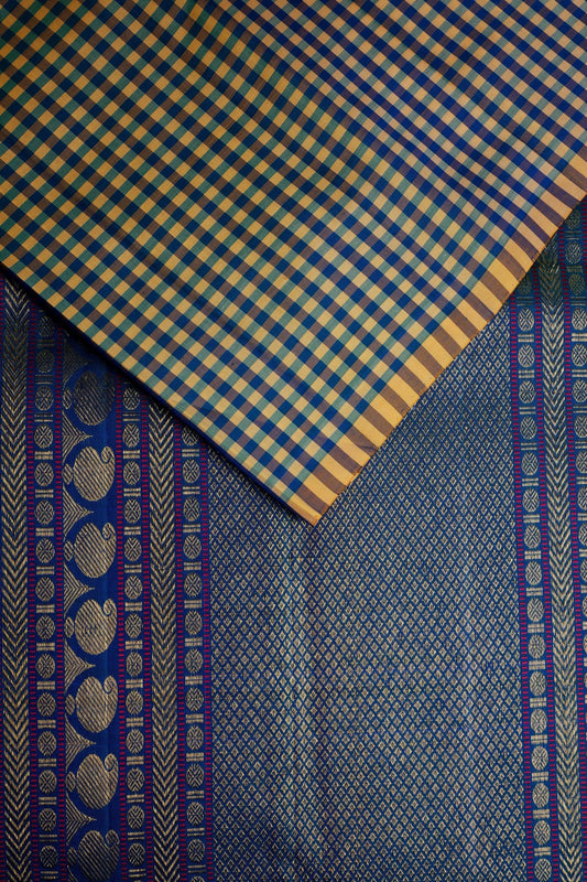 Peacock Blue and Light Golden Yellow Mungi Checks Mulkalmuru Saree