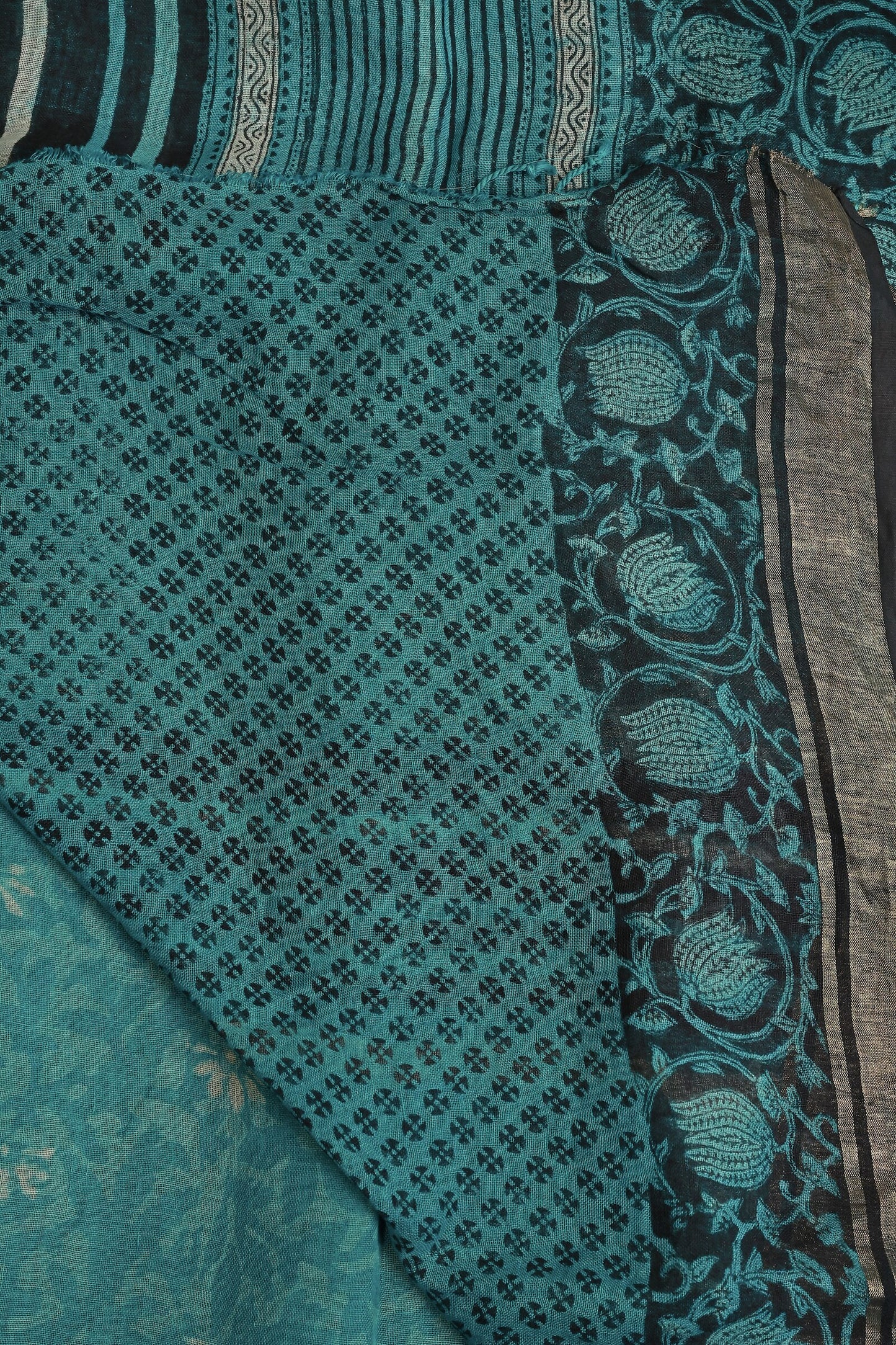 Peacock Green Linen Handblock Print Saree With Black And Zari Border, folded saree view