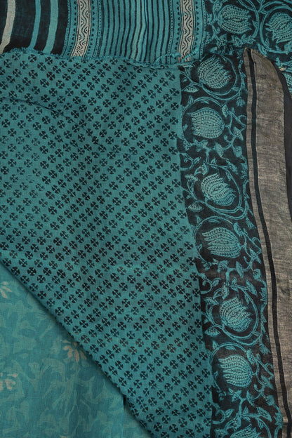 Peacock Green Linen Handblock Print Saree With Black And Zari Border, folded saree view