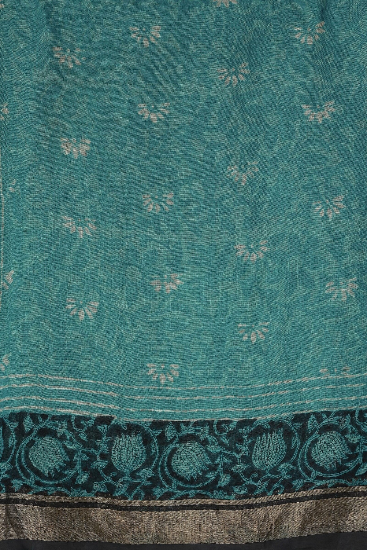Peacock Green Linen Handblock Print Saree With Black And Zari Border, fabric detail