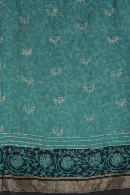 Peacock Green Linen Handblock Print Saree With Black And Zari Border, fabric detail