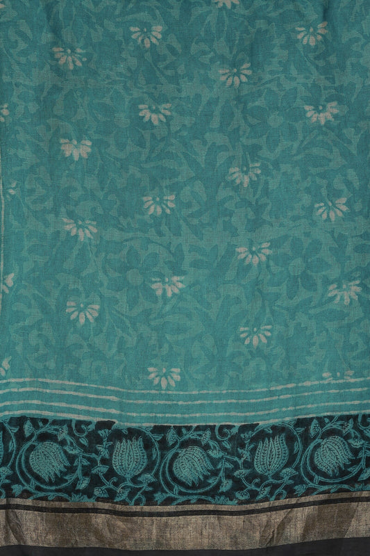 Peacock Green Linen Handblock Print Saree With Black And Zari Border, fabric detail