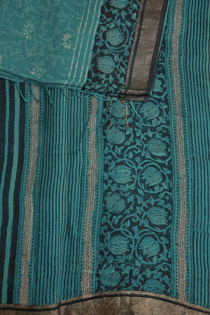 Peacock Green Linen Handblock Print Saree With Black And Zari Border, design view 3