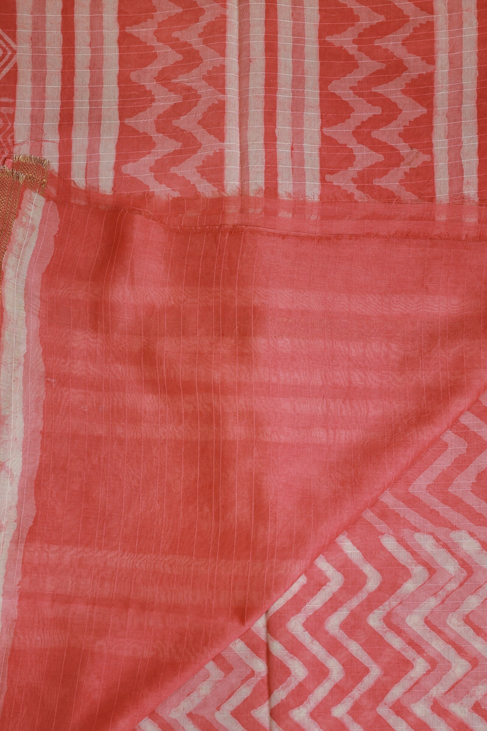 Pink And Off White Chanderi Handblock Print Saree With Zari Border, folded saree view
